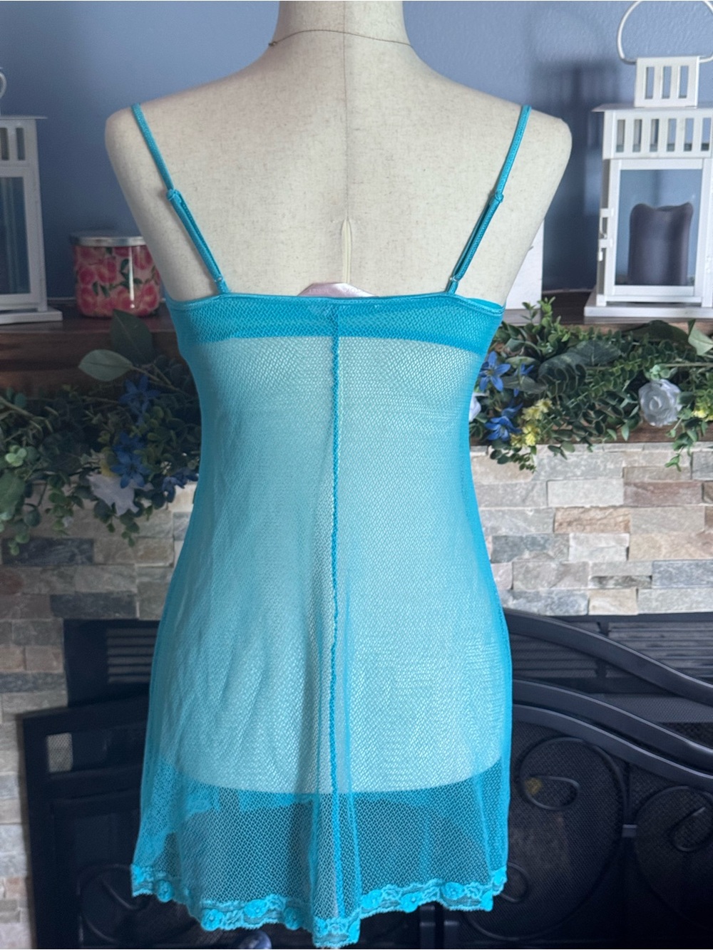 VTG Victoria’s Secret Aqua Blue Fishnet Underwire Babydoll Slip Dress 36C - Picture 8 of 11